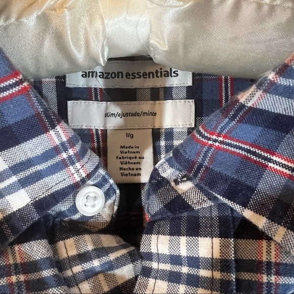 Amazon Essentials Plaid Button Down Shirt Sz Large Slim Fit Long Sleeve Blue Red - Picture 5 of 5